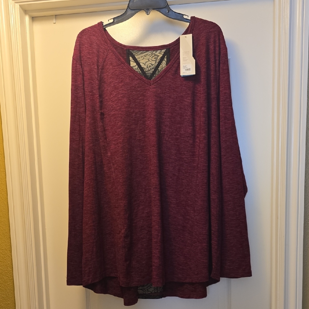 Lane Bryant Burgundy V-Neck Tunic with Lace Inset